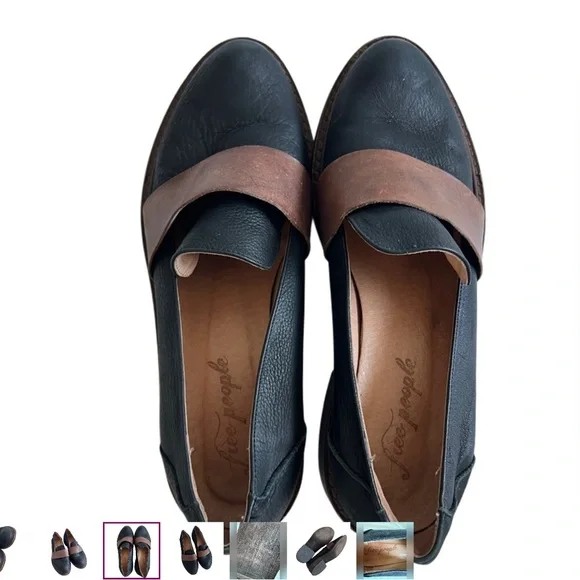 Free People Penny Loafers Genuine leather block heels black brown shoes 38 8 - Picture 3 of 7